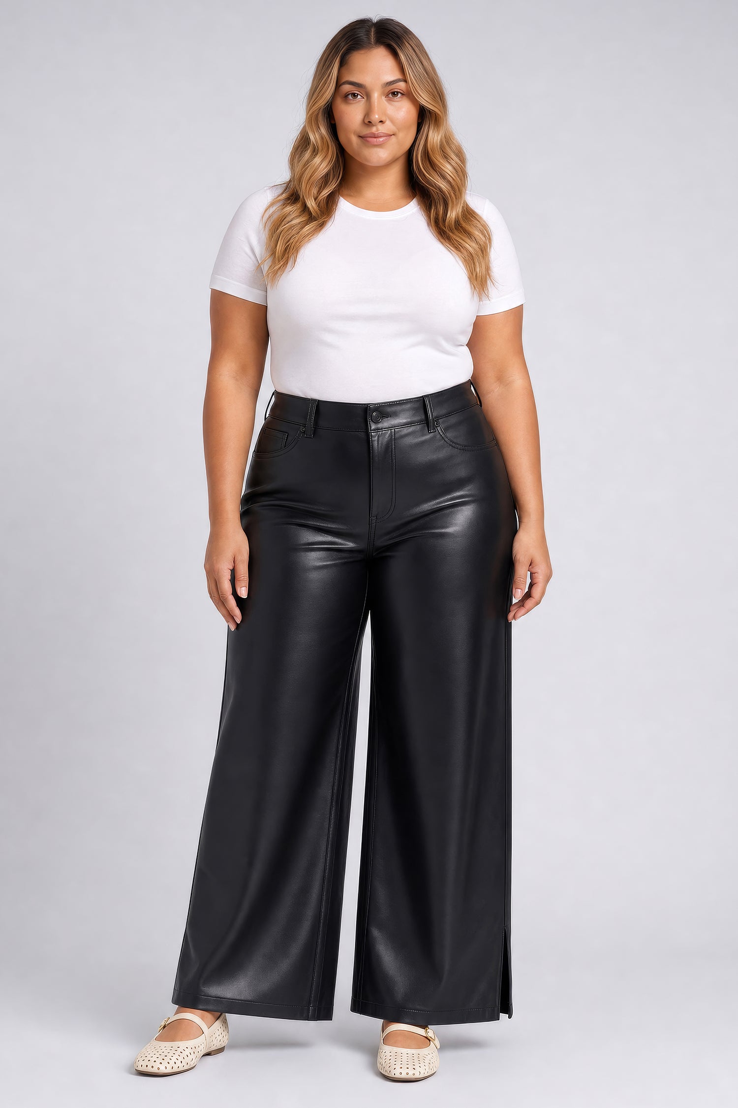 NYDJ Vegan Stretch Leather Teresa Wide Leg Pants In Plus Size Sculpt-Her™ Collection - Black