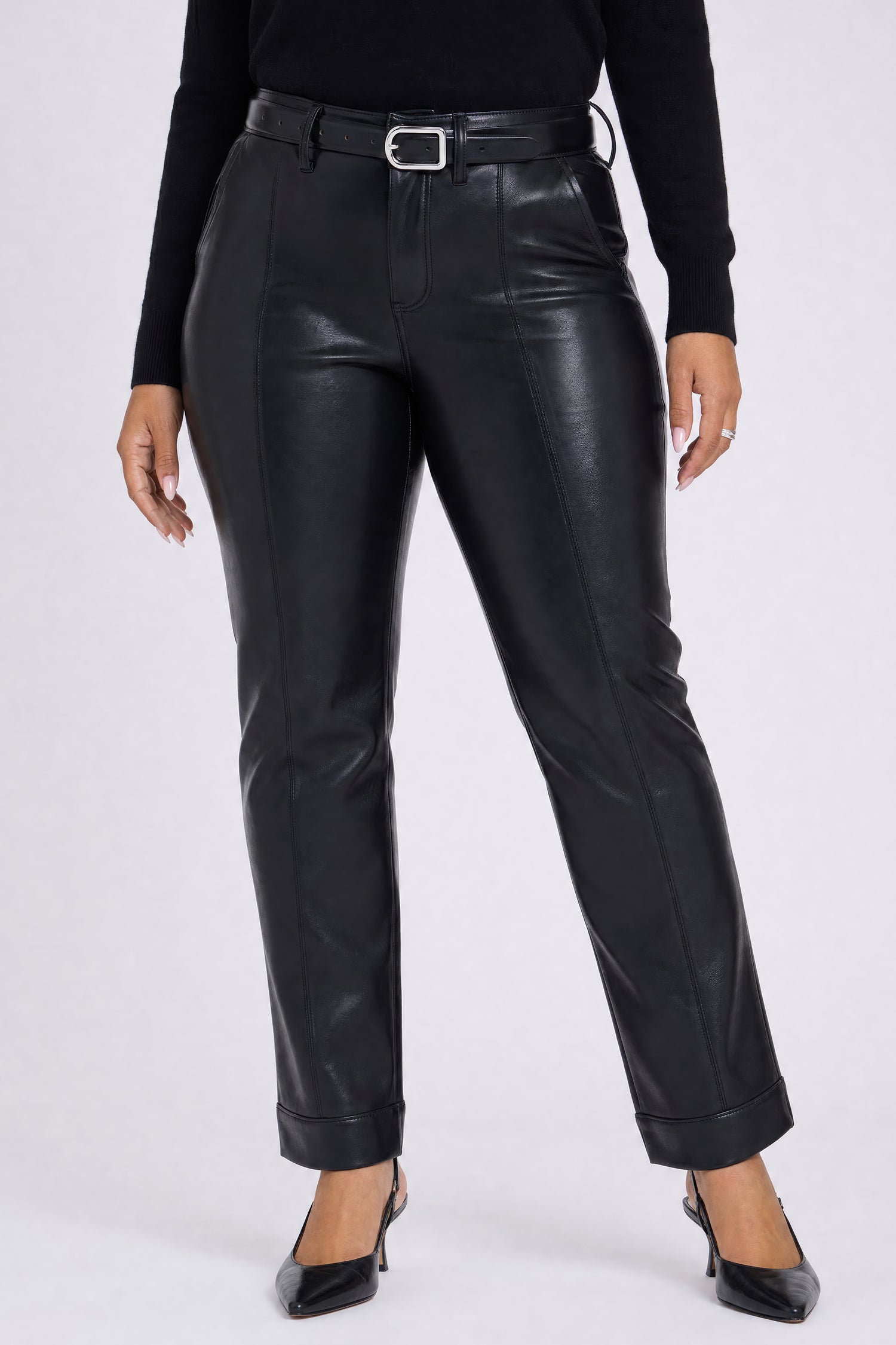 NYDJ Vegan Leather Marilyn Straight Pants With Band Hems In Plus Size Sculpt-Her™ Collection - Black