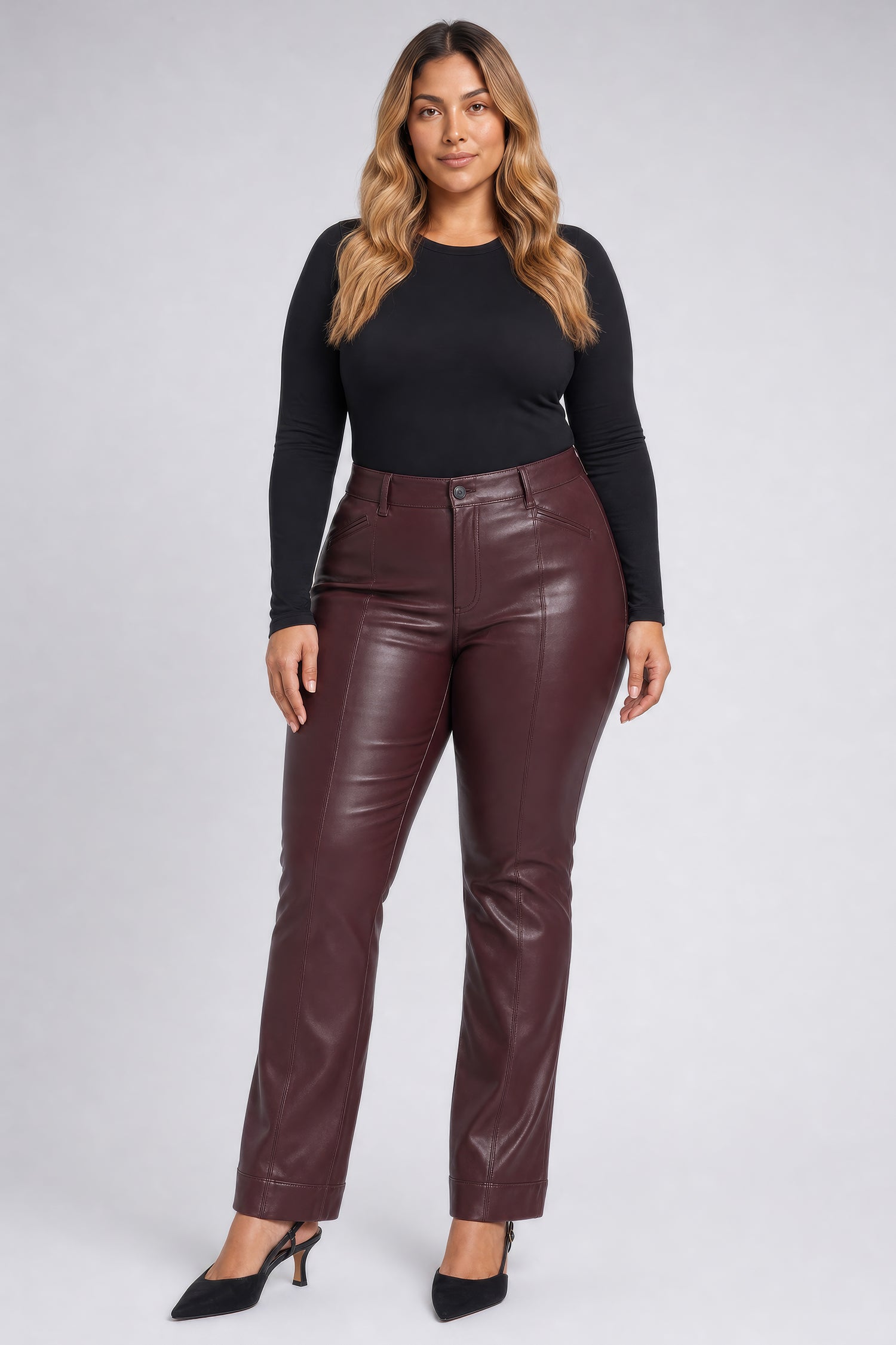 NYDJ Vegan Leather Marilyn Straight Pants With Band Hems In Plus Size Sculpt-Her™ Collection - Bitter Chocolate