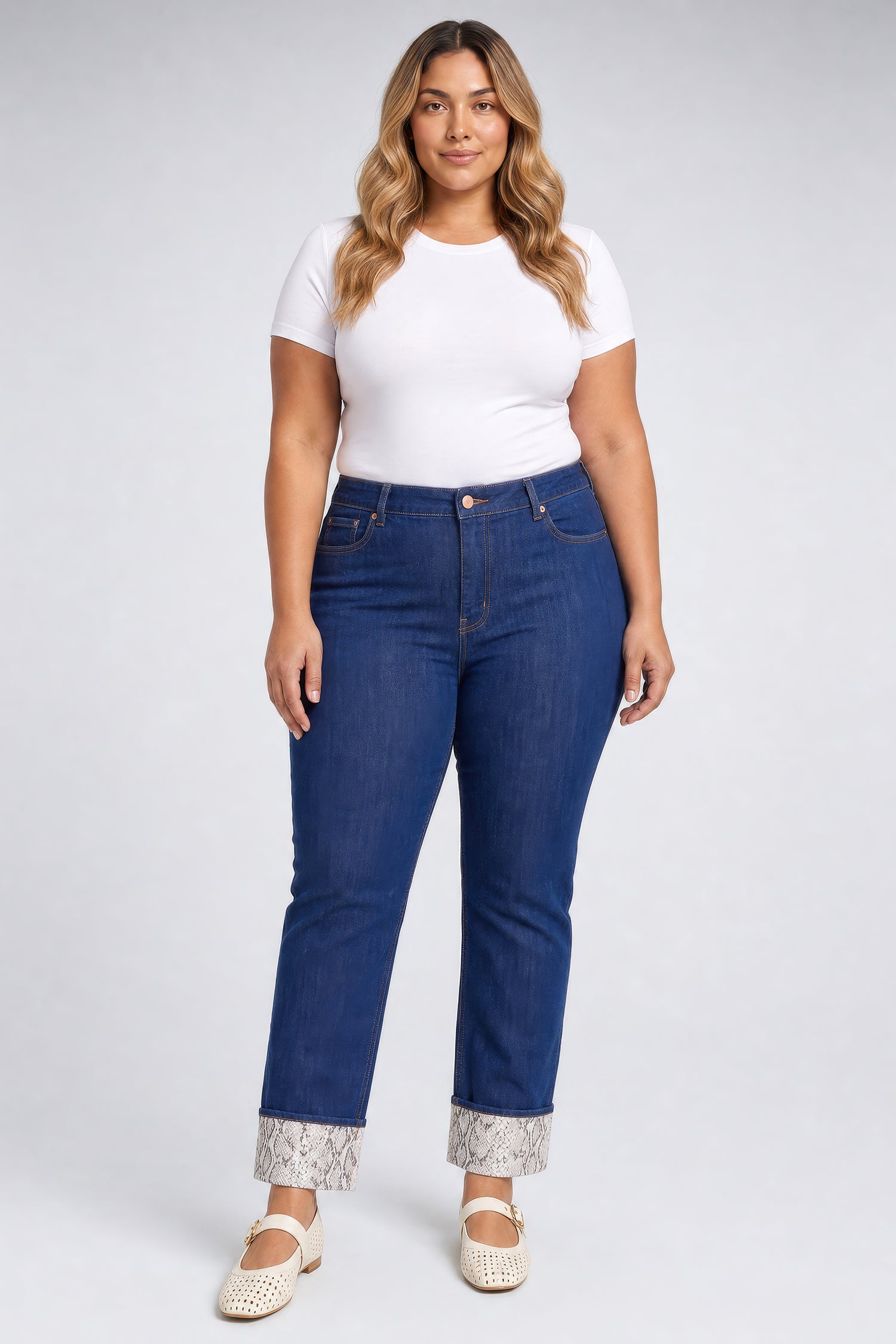 NYDJ Marilyn Straight Jeans In Plus Size With High Rise, Python Print Cuffs and 30" Inseam - Blue Rinse