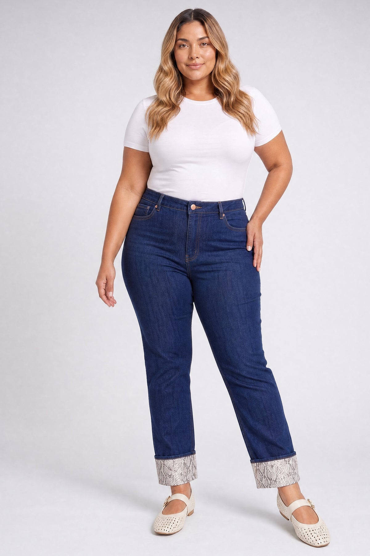 NYDJ Marilyn Straight Jeans In Plus Size With High Rise, Python Print Cuffs and 30" Inseam - Blue Rinse