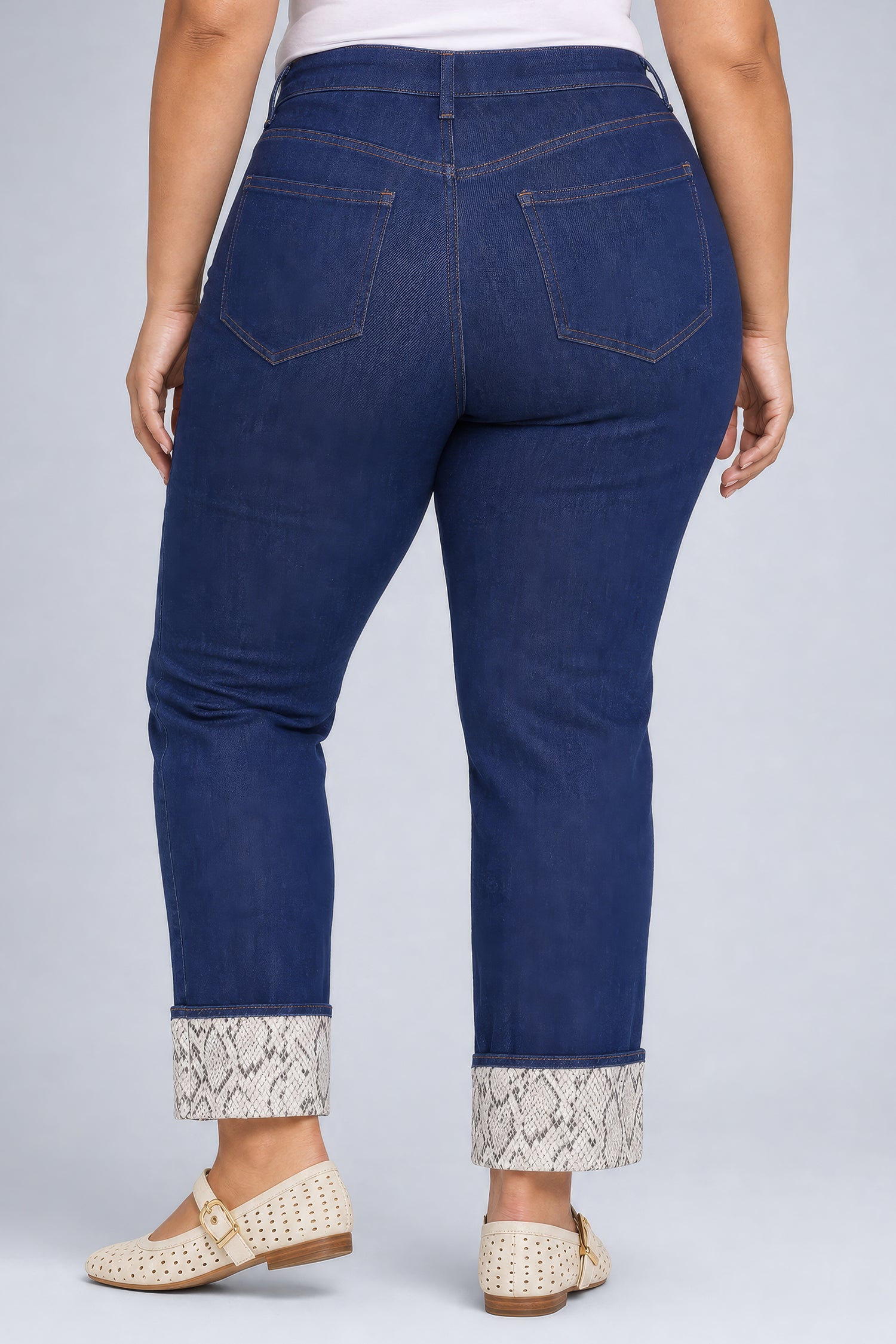 NYDJ Marilyn Straight Jeans In Plus Size With High Rise, Python Print Cuffs and 30" Inseam - Blue Rinse