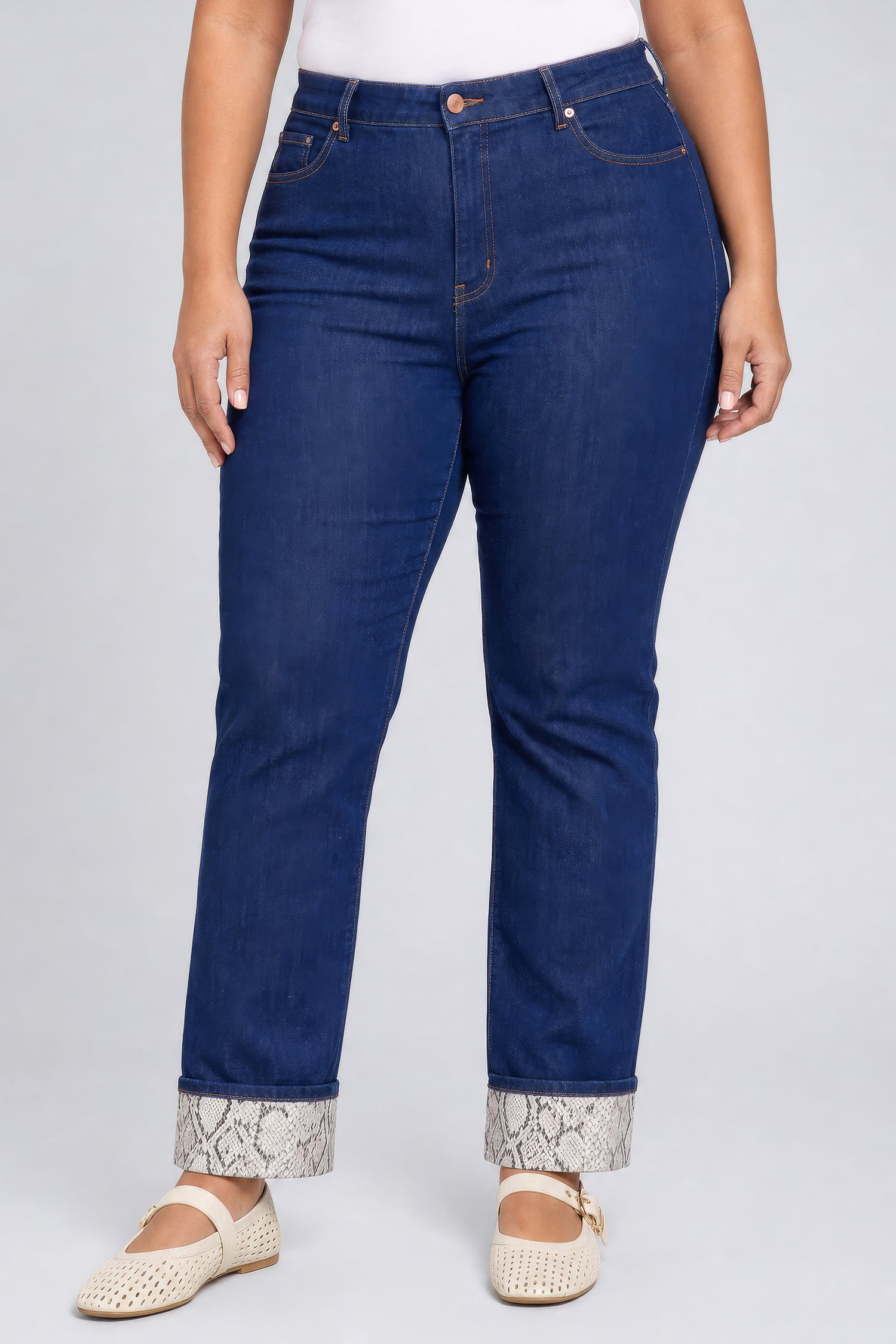 NYDJ Marilyn Straight Jeans In Plus Size With High Rise, Python Print Cuffs and 30" Inseam - Blue Rinse