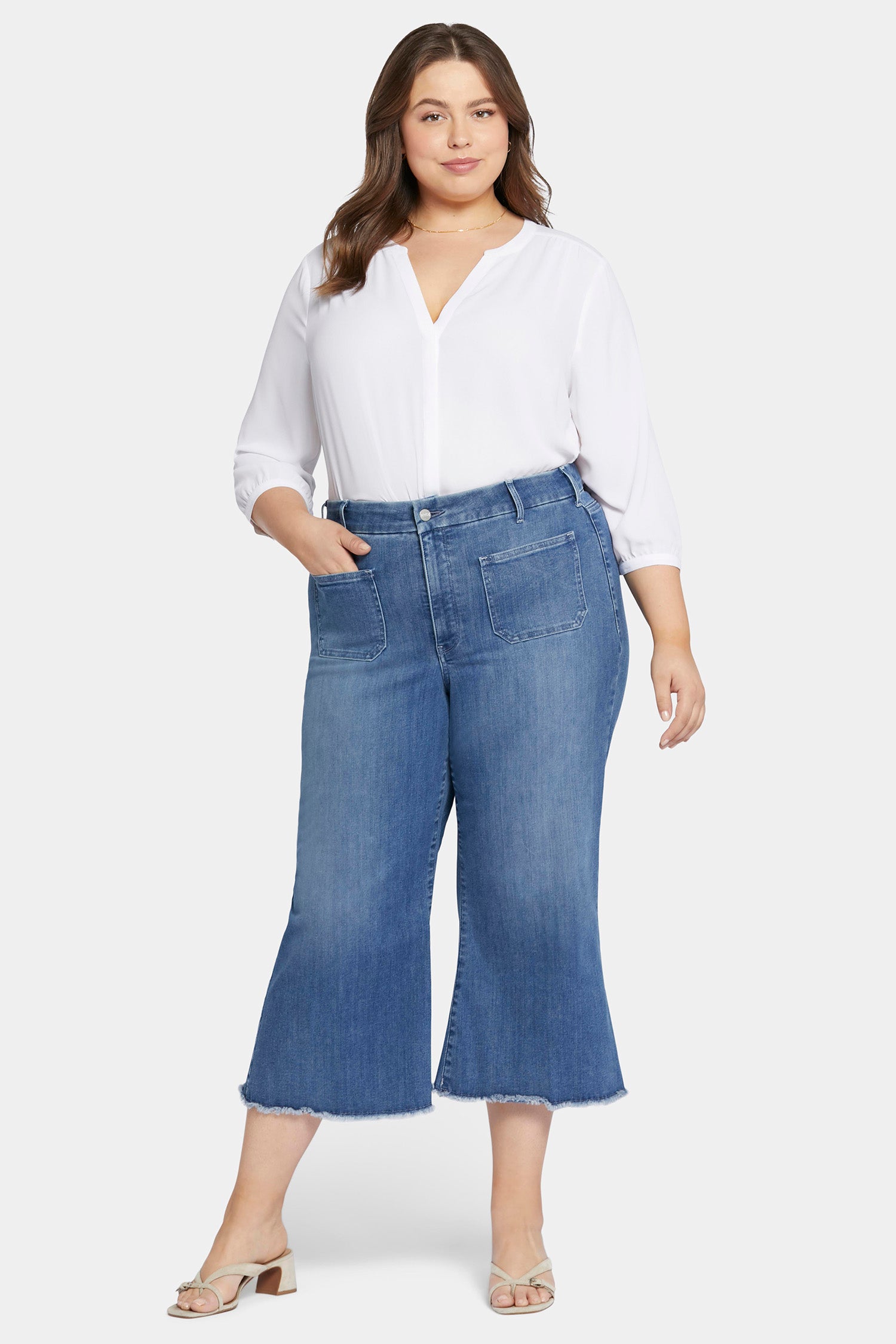 Patchie Wide Leg Capri Jeans In Petite Plus Size With Frayed