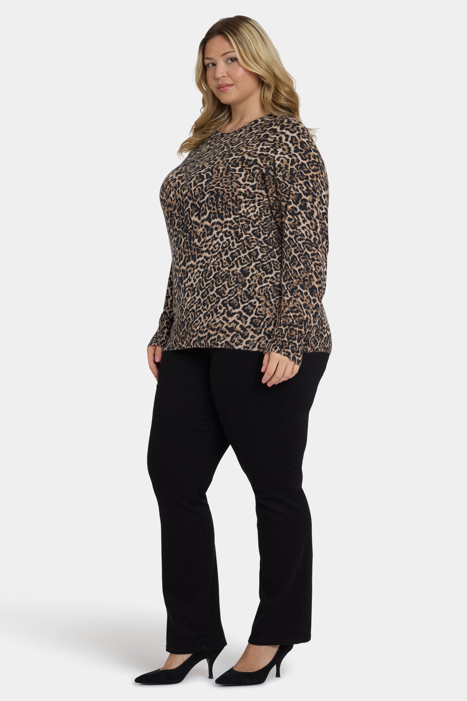 NYDJ Cheetah Crewneck Sweater In Plus Size  - Onyx Cheetah