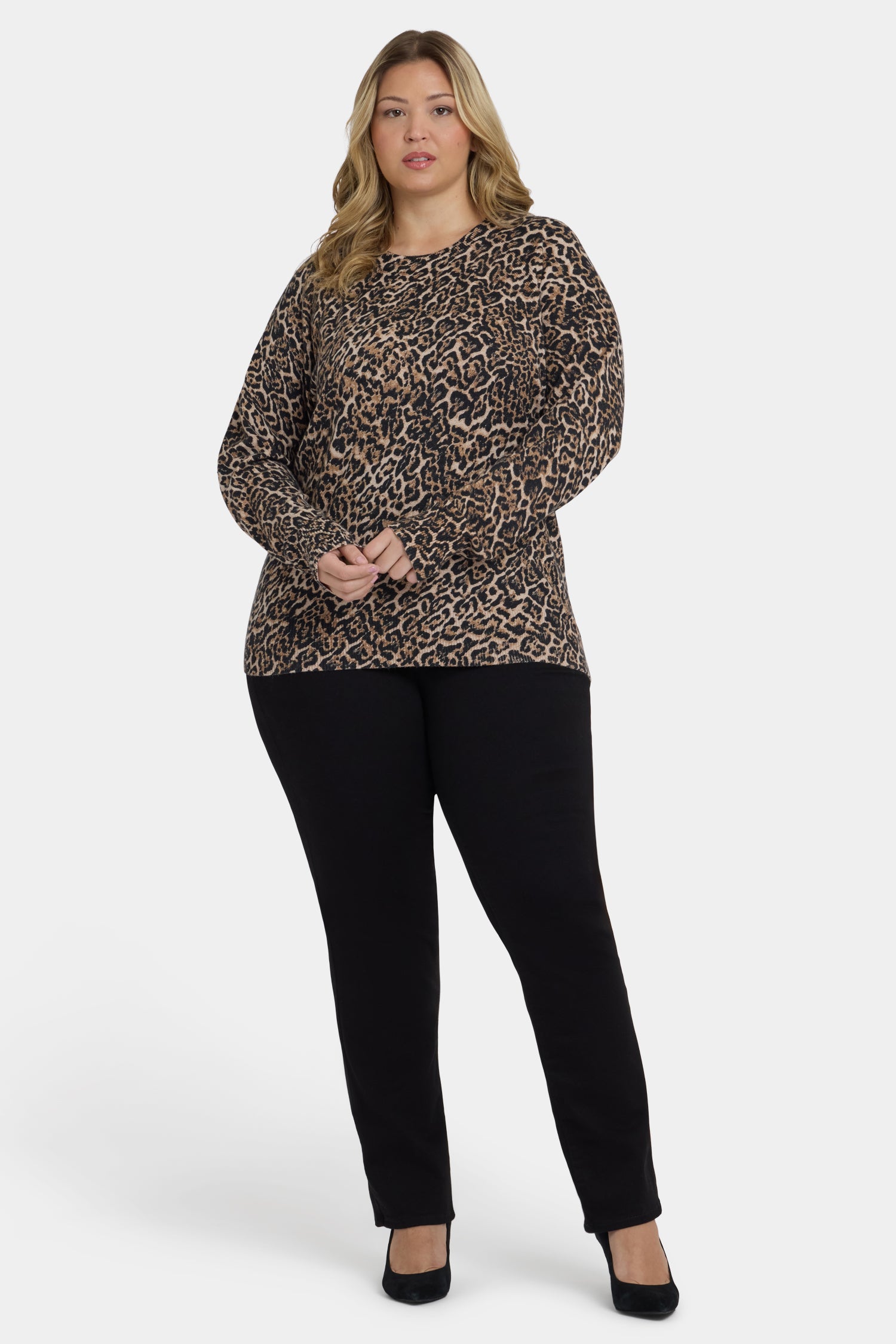 NYDJ Cheetah Crewneck Sweater In Plus Size  - Onyx Cheetah