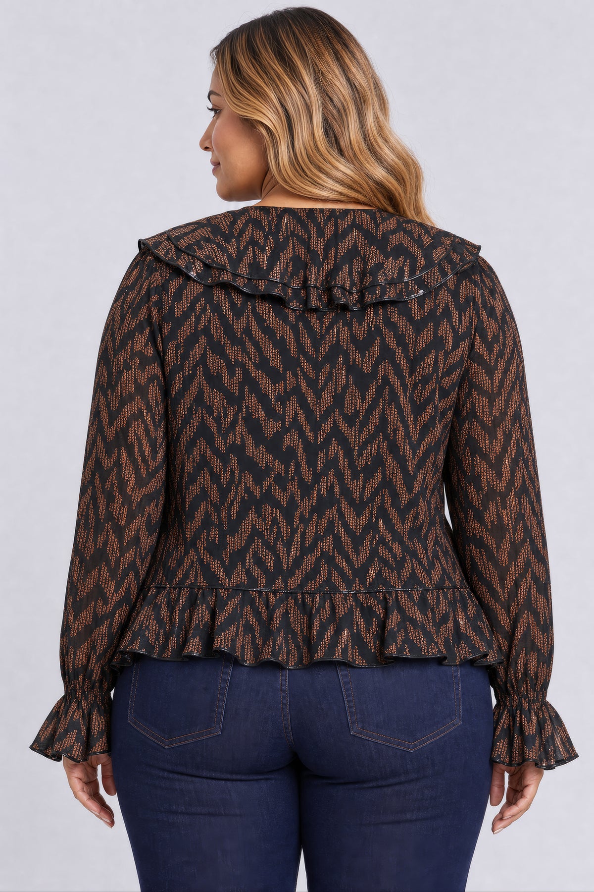NYDJ Ruffle Blouse In Plus Size  - Jagged Tiger Chocolate