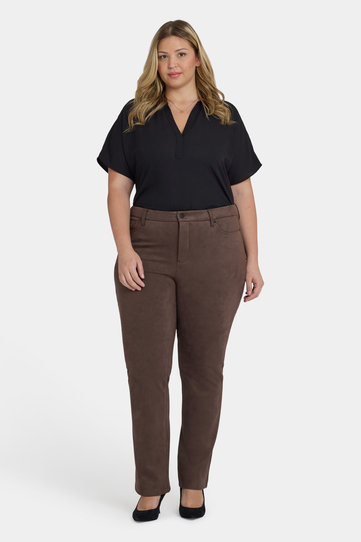 NYDJ Marilyn Straight Pants In Plus Size In Stretch Faux Suede - Coffee Bean