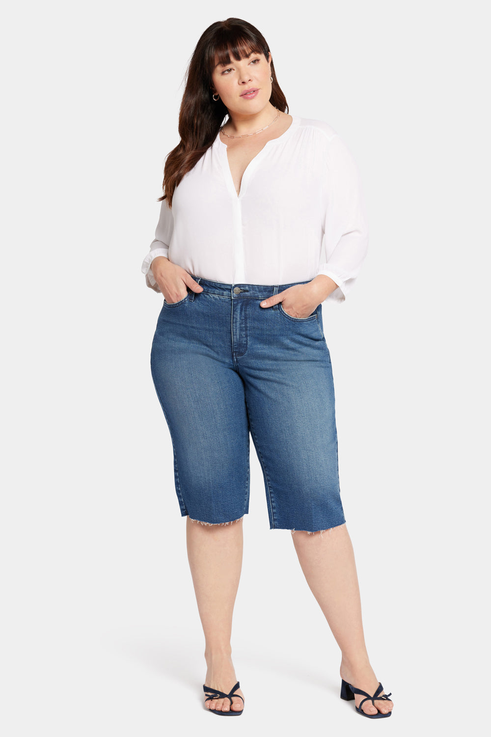 NYDJ Kristie 80s Bermuda Denim Shorts In Plus Size With Pressed Creases And Raw Hems - Windfall