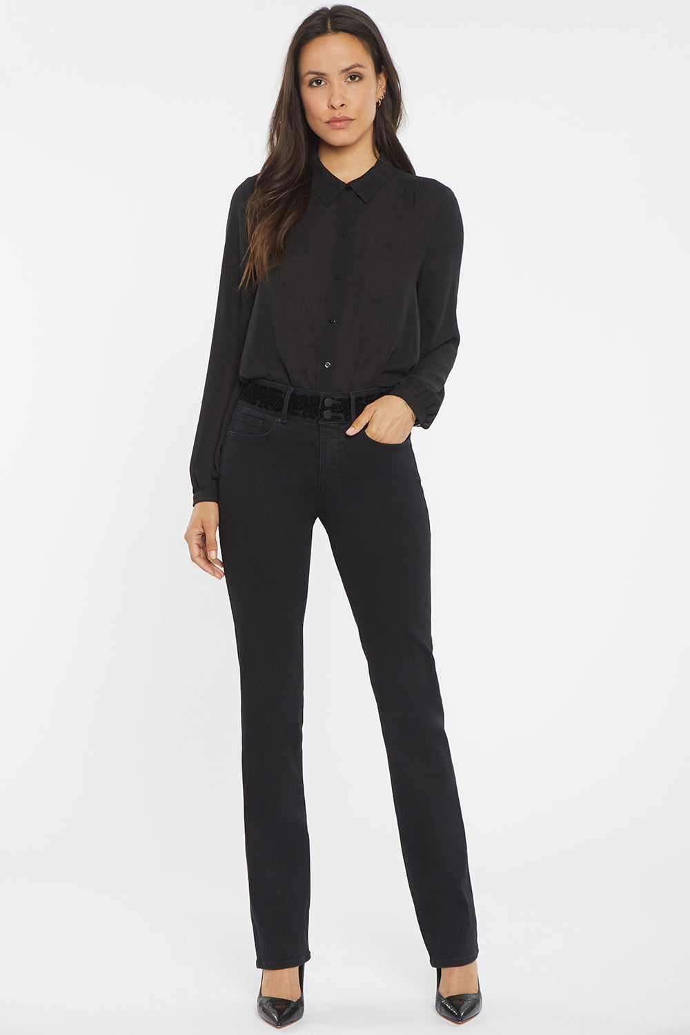NYDJ Marilyn Straight Jeans With Flocked Double-Button Waistband - Dark Enzyme Black