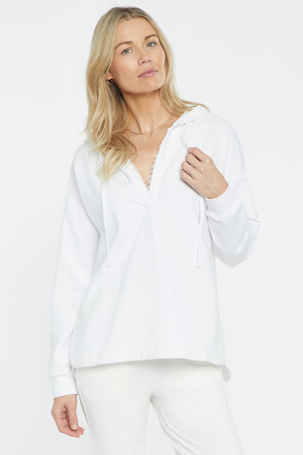 NYDJ Lace Trimmed Pullover Hoodie Forever Comfort™ Collection - Optic White