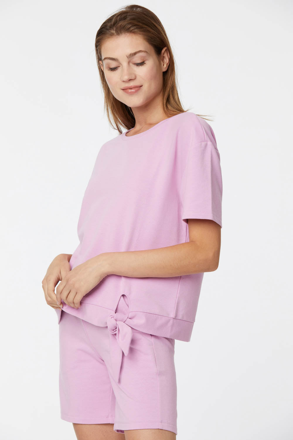 NYDJ Short Sleeved Tie Front Sweatshirt Forever Comfort™ Collection - Pink Lilac