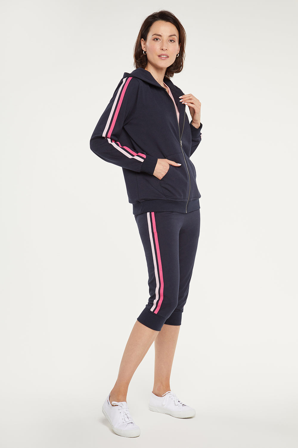 NYDJ Zip Front Hoodie With Sleeve Stripes Forever Comfort™ Collection - Oxford Navy