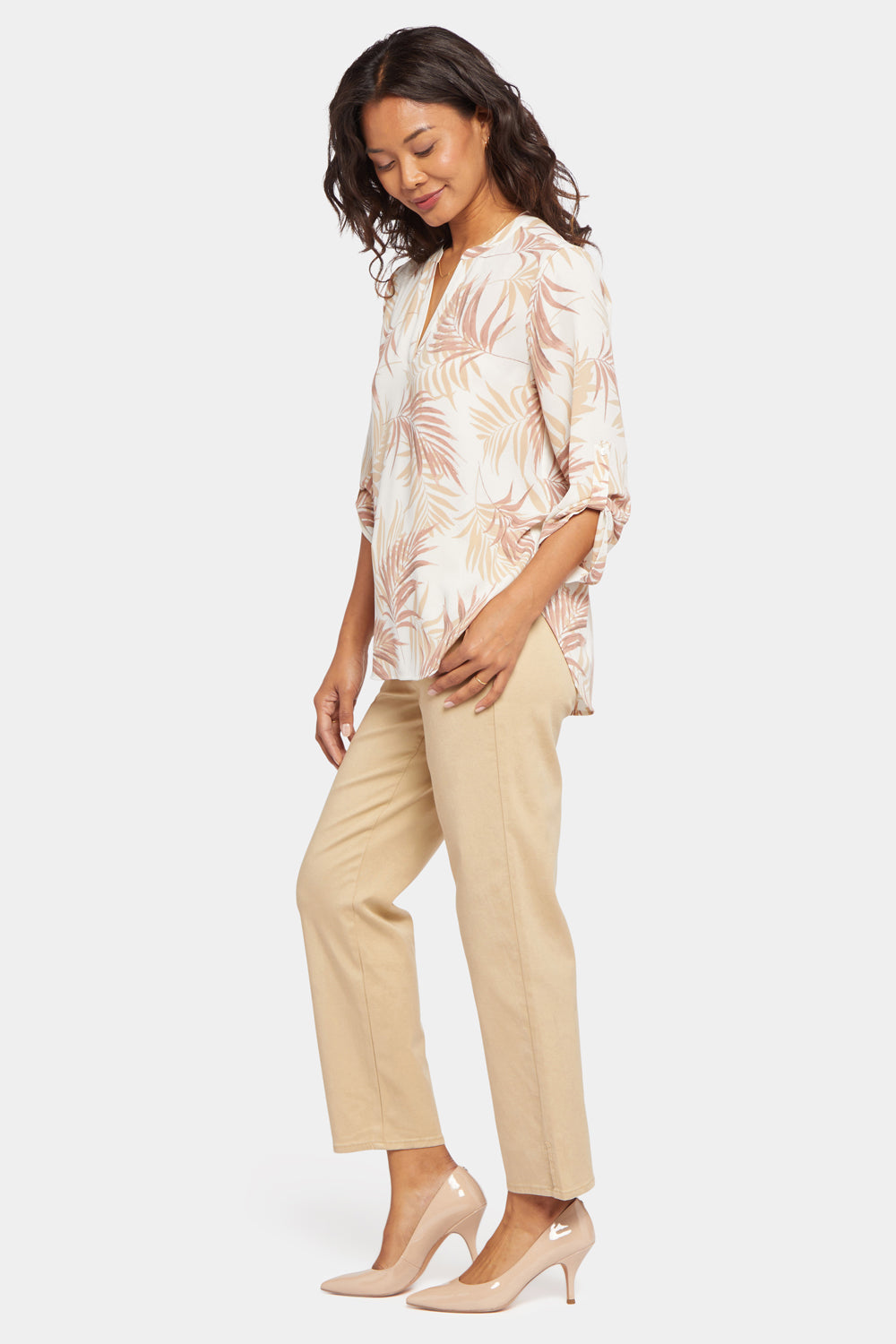 NYDJ Split Neck Blouse With Button Tabs - Meadow Palm
