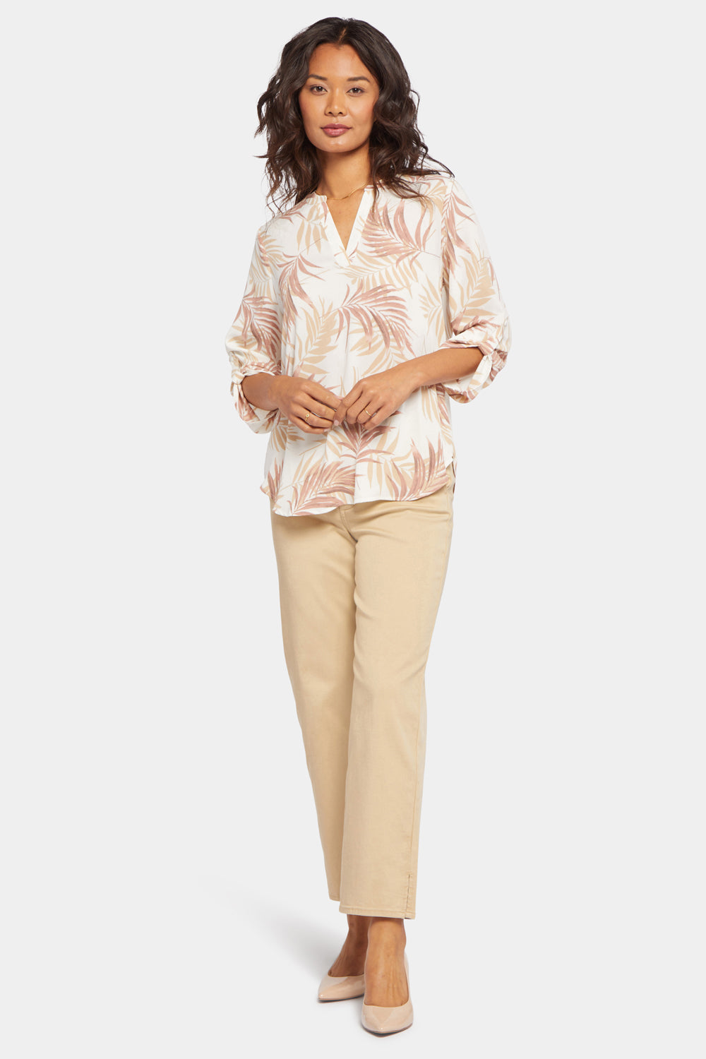 NYDJ Split Neck Blouse With Button Tabs - Meadow Palm