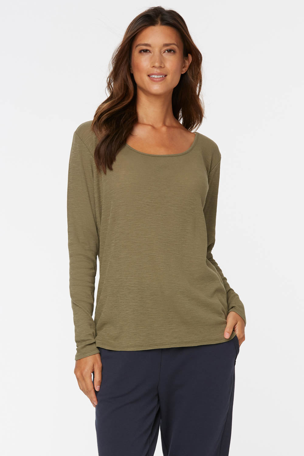 NYDJ Long Sleeved Ribbed Scoopneck Tee Forever Comfort™ Collection - Moss