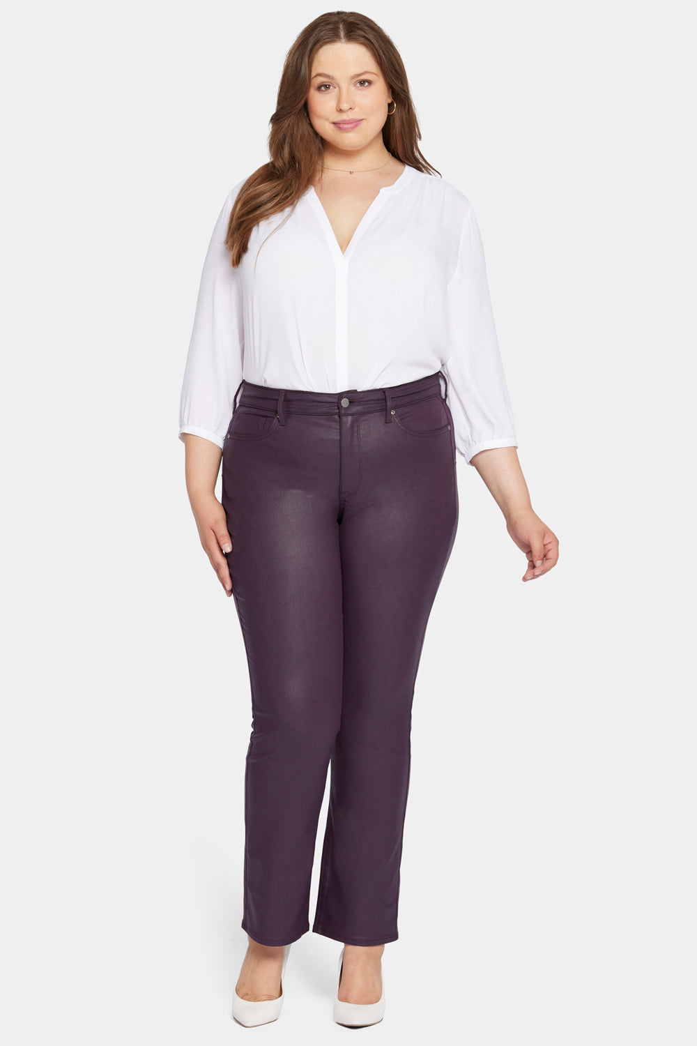 NYDJ Uplift Coated Marilyn Straight Jeans In Plus Size  - Eggplant Coated