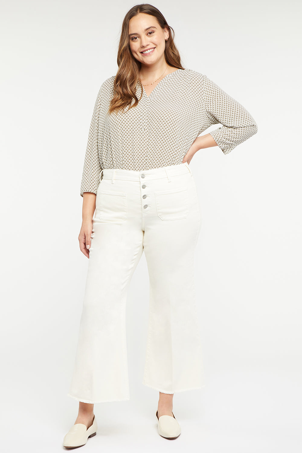 NYDJ Patchie Wide Leg Ankle Jeans In Plus Size With Frayed Hems - Vanilla