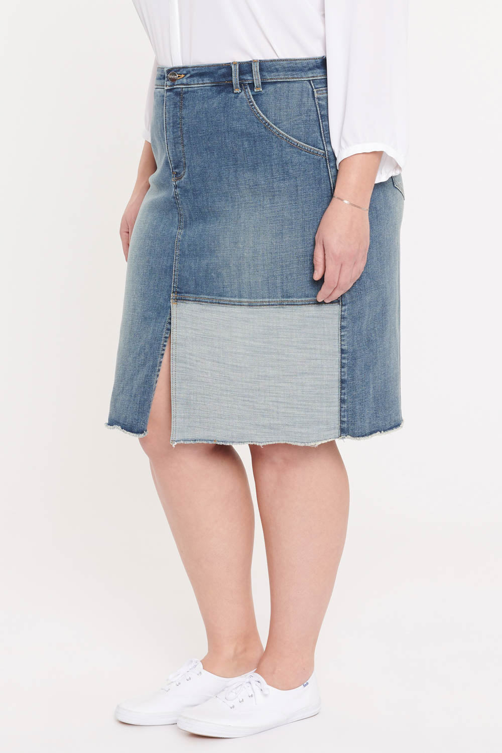 NYDJ Midi Skirt In Plus Size With Patch Detail and Frayed Hem - Clean Seline