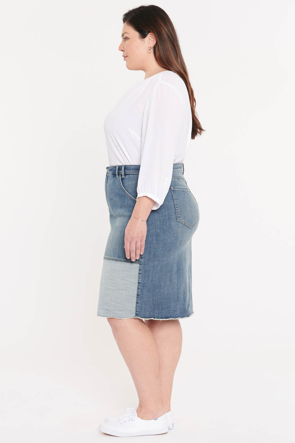 NYDJ Midi Skirt In Plus Size With Patch Detail and Frayed Hem - Clean Seline