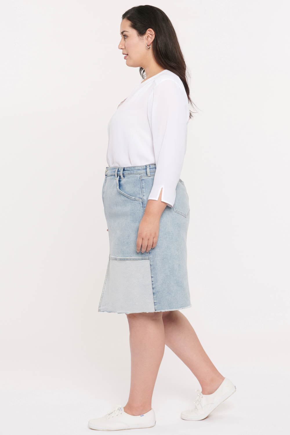 NYDJ Midi Skirt In Plus Size With Patch Detail and Frayed Hem - Destructed Radiance Base