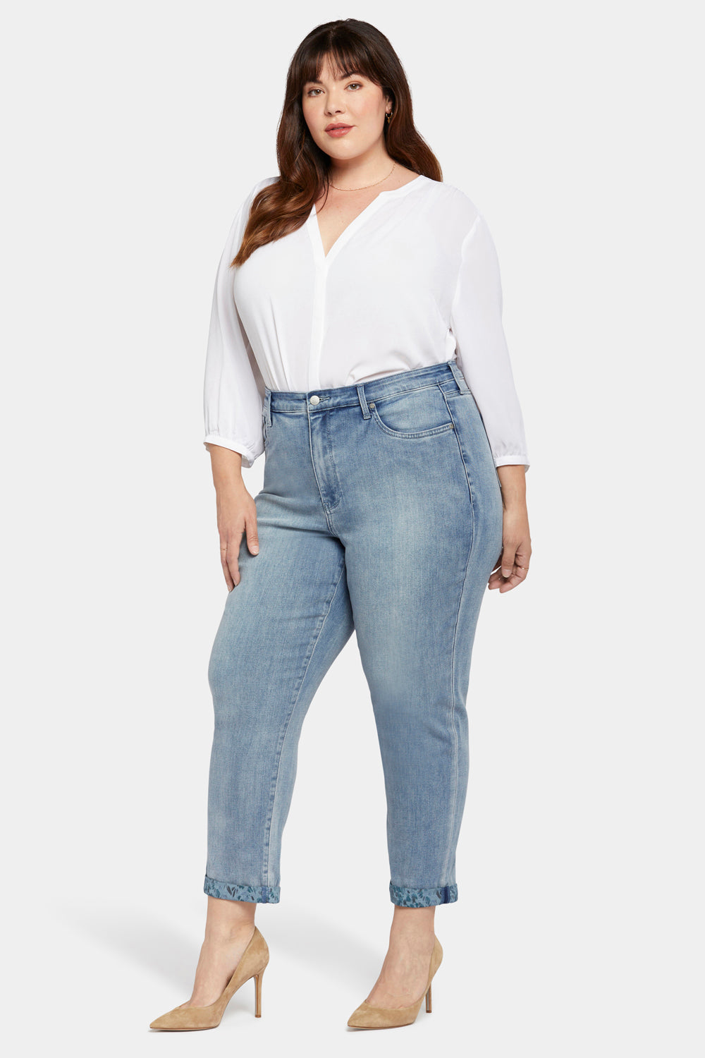 NYDJ Margot Girlfriend Jeans In Plus Size With Printed Roll Cuffs - Thistle Falls