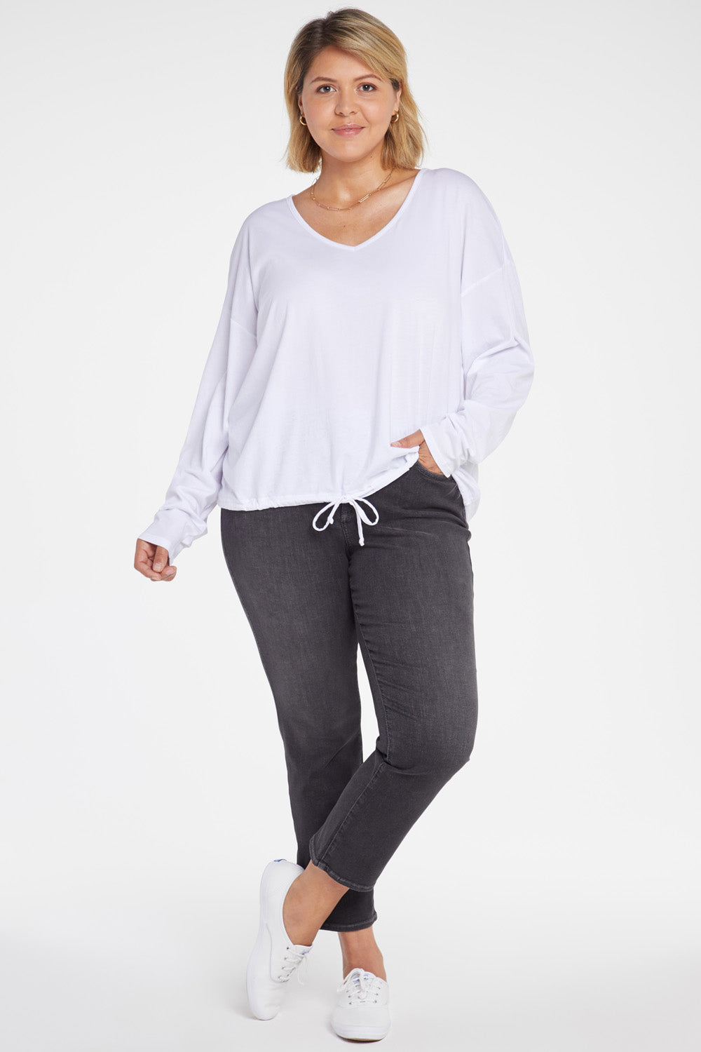 NYDJ Long Sleeved Drawstring Tee In Plus Size Forever Comfort™ Collection - Optic White