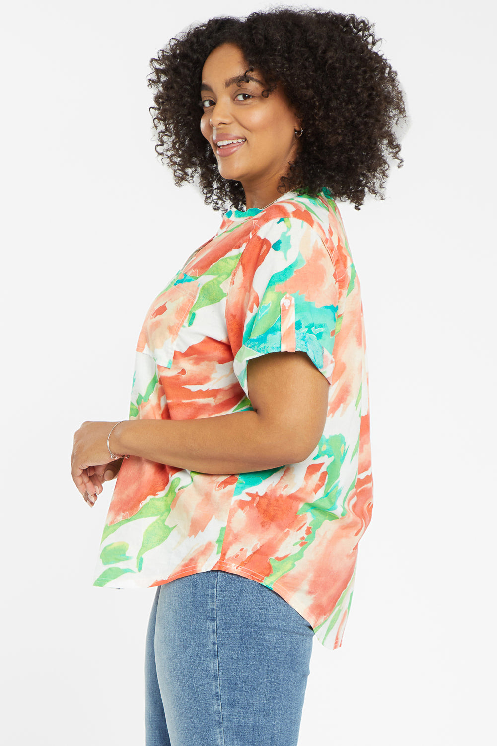 NYDJ Short Sleeved Blouse In Plus Size With Button Tabs - Summertide