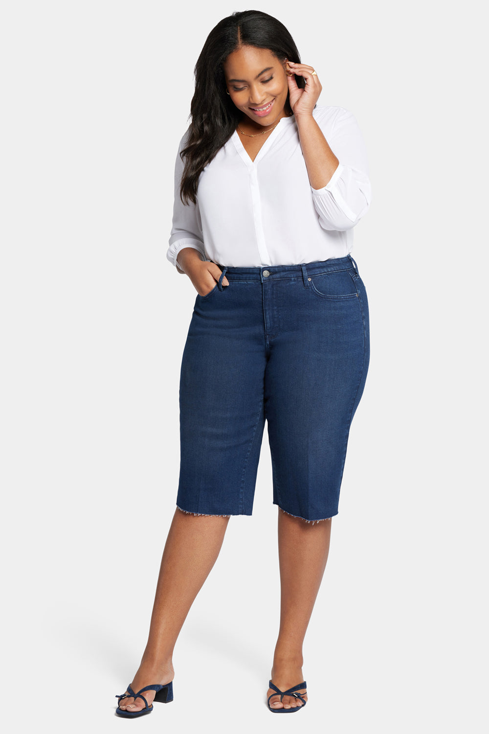 NYDJ Kristie 80s Bermuda Denim Shorts In Plus Size With Pressed Creases And Raw Hems - Inspire